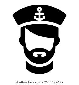 "Black and White Monochrome Vector Icon of a Bearded Sailor with Anchor Hat"