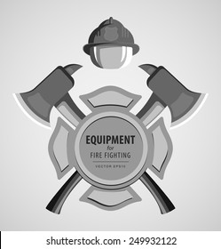 Black and white monochrome vector illustration, icon. Firefighter Emblem or volunteer. Maltese cross, shield, ax, fireman helmet. Element for the magnet on the fridge or print for a T-shirt.