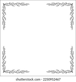 Black and white monochrome
vegetal ornamental frame, decorative border with leaves, corners for greeting cards, banners, business cards, invitations, menus. Isolated vector illustration.