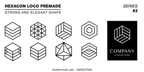 Black and white monogram hexagon logo, 8 collection hexagon logo line art with 1 logo template. 
