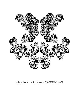 Black and white monograms pattern with retro baroque flowers. Isolated. Vector 