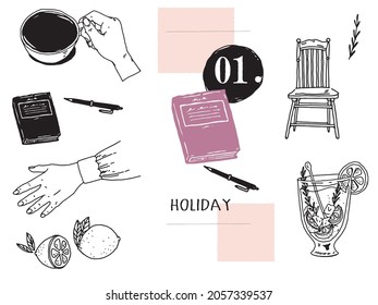 Black and white, monotone, line drawing illustrations. handwriting, fashion, magazines, cafes, fashion, coffee, interior, hands, books.