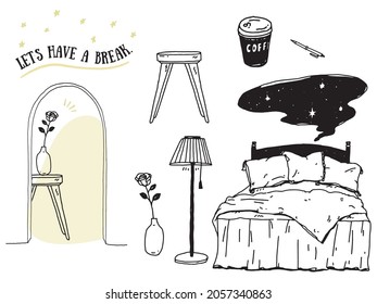 Black and white, monotone, line drawing illustrations . Handwritten, stylish, magazine, cafe, fashion, coffee, interior, flower, bed.