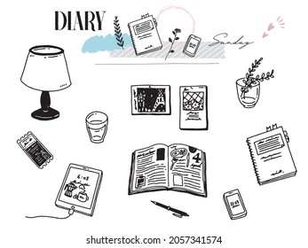 Black and white, monotone, line drawing illustrations . Handwritten, stylish, magazine, cafe, fashion, coffee, interior, smartphone, book.