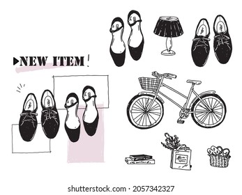 Black and white, monotone, line drawing illustrations . Handwritten, stylish, magazines, cafes, fashion, coffee, bicycles, shoes, books.