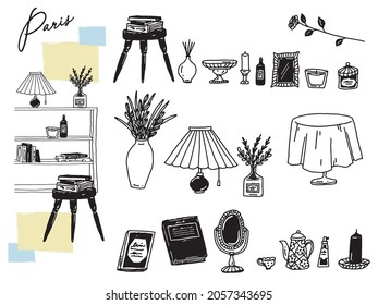 Black and white, monotone, line drawing illustrations. Handwritten, stylish, magazine, cafe, fashion, interior design, flowers, cake, book.