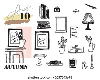 Black and white, monotone, line drawing illustrations. Handwritten, stylish, magazine, cafe, fashion, interior design, flowers, cake, book.