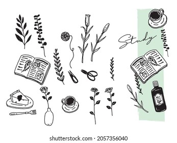 Black and white, monotone, line drawing illustrations. Handwritten, stylish, magazines, cafes, fashion, coffee, flowers, plants, roses.	
