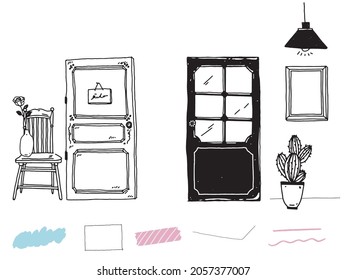 Black and white, monotone, line drawing illustrations. Handwritten, stylish, magazines, cafes, fashion, interior design, flowers, doors, books.