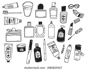 Black and white, monotone, line drawing illustrations. Handwritten, stylish, magazines, cafes, fashion, cosmetics, beauty, flowers.
