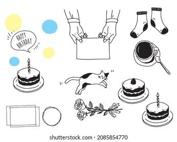 Black and white, monotone, line drawing illustrations. handwriting, coffee, hands, fashion, cats, cakes.	
