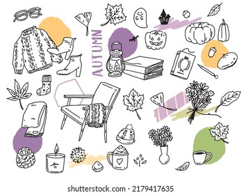 Black and white, monotone, and line drawing illustrations.Handwritten, stylish, magazine, fashion, cute, interior, autumn, autumn leaves.
