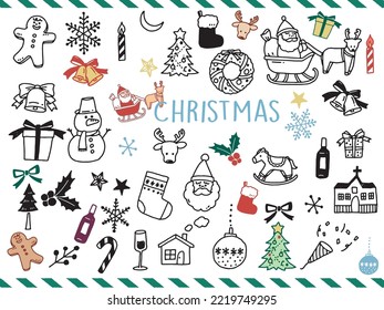 Black and white, monotone, and line drawing illustrations.Handwritten, stylish, magazine, fashion, Christmas, winter, Santa.