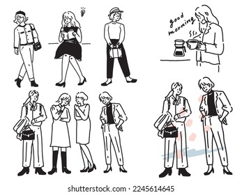 Black and white, monotone, and line drawing illustrations.Handwritten, stylish, magazine, fashion, cute, person, girl.