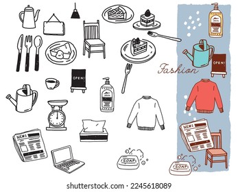  Black and white, monotone, and line drawing illustrations.Handwritten, stylish, magazine, fashion, cute, interior, cafe, cake.
