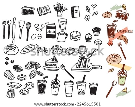 Black and white, monotone, and line drawing illustrations.Handwritten, stylish, magazine, fashion, cafe, bakery.