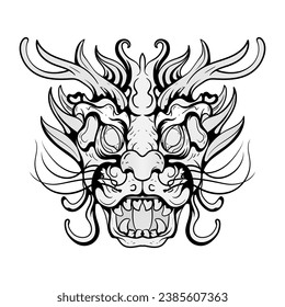 Black and white monster dragon head fantasy illustration coloring pages drawing line