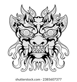Black and white monster dragon head fantasy illustration coloring pages drawing line