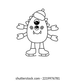 A black and white monster in a hat and on skates. A winter monster with a smile. Vector doodle illustration