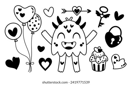 Black and white Monster Valentines clipart. Valentines Day clipart. Monster love in cartoon flat style. Vector illustration.