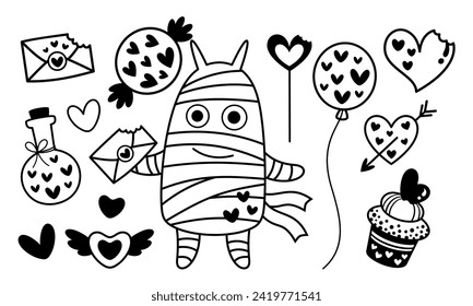 Monstruo blanco y negro de San Valentín. Clásico de San Valentín. Amor a los monstruos en el estilo plano de las caricaturas. Ilustración vectorial.