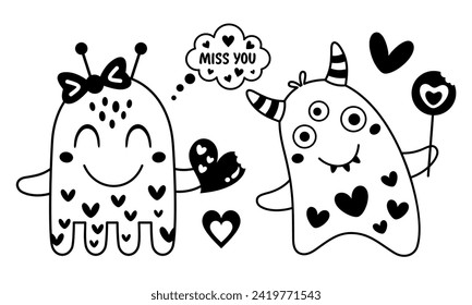 Black and white Monster Valentines clipart. Valentines Day clipart. Monster love in cartoon flat style. Vector illustration.