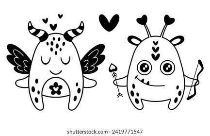 Monstruo blanco y negro de San Valentín. Clásico de San Valentín. Amor a los monstruos en el estilo plano de las caricaturas. Ilustración vectorial.