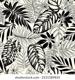 Black and white Monstera, palm, banana any tropical leaf pattern. Vector