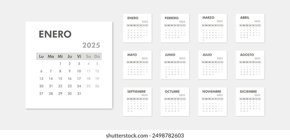 Black and white monthly calendar 2025 on Spanish language. Week starts on Monday. Desk or wall calendar in minimalist style