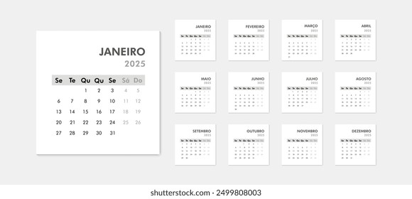 Calendario mensual en blanco y negro 2025 en idioma portugués. La semana comienza el lunes. Calendario de escritorio o pared en estilo minimalista