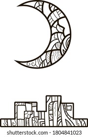 Black and white, the moon as a pattern on the background of the city.