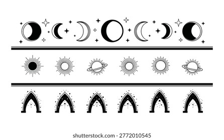 Black and white moon phases sun rays and arch