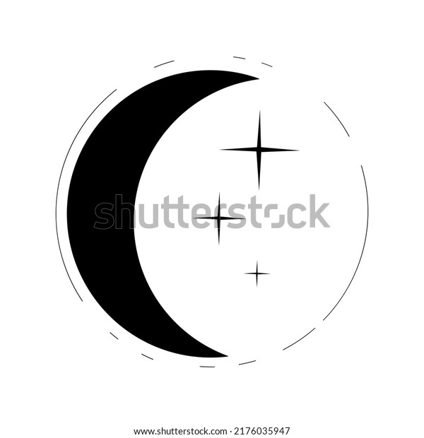 black and white moon with\
stars on white background, sketch of moon with stars for minimalist\
tattoo.