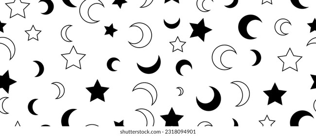black white moon stars seamless patttern