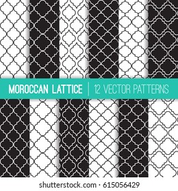 Black and White Moroccan Lattice Vector Patterns. Modern Elegant Neutral Backgrounds. Classic Quatrefoil Trellis Ornament. Vector Pattern Tile Swatches Included.