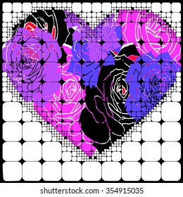 black and white mosaic background with love heart illustration and colorful roses vector print pattern. for fashion and graphic design. valentines day and special day gift print offer, t shirt print