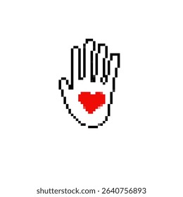 Black and white mosaic pixel hand with red heart showcasing retro sprite style, symbolizing love.
