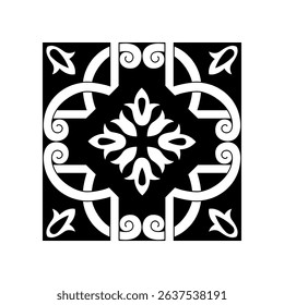 Black and White Mosaic Tile Isolated Vector Mediterranean Portuguese Azulejo Traditional Ceramic Spanish or Mexican Talavera Square Floral Ornament for Monochrome Logo Design
