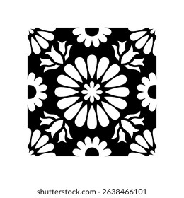 Black and White Mosaic Tile Isolated Vector Mediterranean Portuguese Azulejo Traditional Ceramic Spanish or Mexican Talavera Square Floral Ornament for Monochrome Logo Design