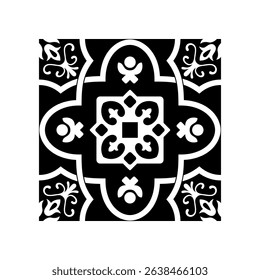 Black and White Mosaic Tile Isolated Vector Mediterranean Portuguese Azulejo Traditional Ceramic Spanish or Mexican Talavera Square Floral Ornament for Monochrome Logo Design