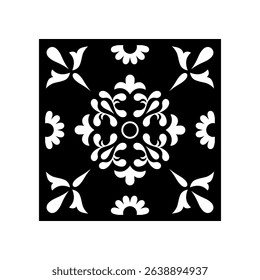 Black and White Mosaic Tile Isolated Vector Mediterranean Portuguese Azulejo Traditional Ceramic Spanish or Mexican Talavera Square Floral Ornament for Monochrome Logo Design