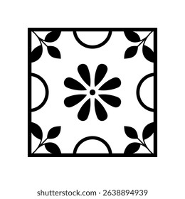 Black and White Mosaic Tile Isolated Vector Mediterranean Portuguese Azulejo Traditional Ceramic Spanish or Mexican Talavera Square Floral Ornament for Monochrome Logo Design