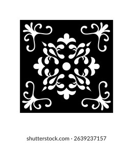 Black and White Mosaic Tile Isolated Vector Mediterranean Portuguese Azulejo Traditional Ceramic Spanish or Mexican Talavera Square Floral Ornament for Monochrome Logo Design