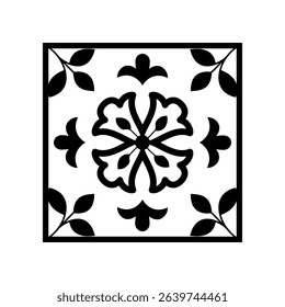 Black and White Mosaic Tile Isolated Vector Mediterranean Portuguese Azulejo Traditional Ceramic Spanish or Mexican Talavera Square Floral Ornament for Monochrome Logo Design