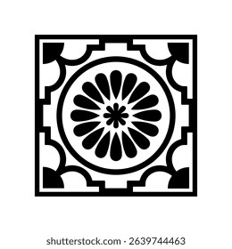 Black and White Mosaic Tile Isolated Vector Mediterranean Portuguese Azulejo Traditional Ceramic Spanish or Mexican Talavera Square Floral Ornament for Monochrome Logo Design
