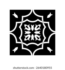 Black and White Mosaic Tile Isolated Vector Mediterranean Portuguese Azulejo Traditional Ceramic Spanish or Mexican Talavera Square Floral Ornament for Monochrome Logo Design