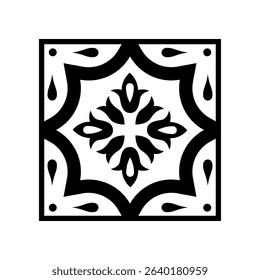 Black and White Mosaic Tile Isolated Vector Mediterranean Portuguese Azulejo Traditional Ceramic Spanish or Mexican Talavera Square Floral Ornament for Monochrome Logo Design