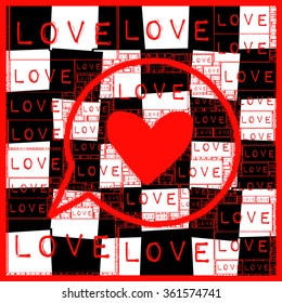 black and white mosaic tiles background with red heart illustration and love words together vector print pattern. for fashion and graphic design. t shirt print and valentines day gift print offer