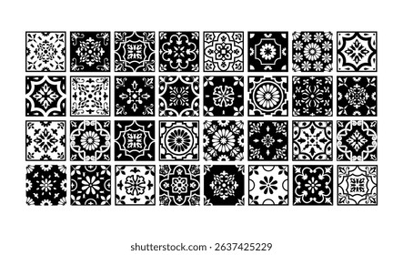 Black and White Mosaic Tiles Vector Set Mediterranean Portuguese Azulejo Traditional Ceramic Spanish or Mexican Talavera Square Ornaments for Monochrome Logo Design