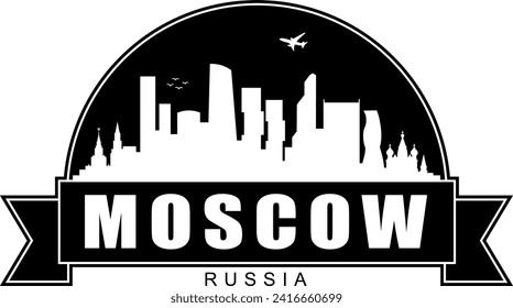 Black and white Moscow Russia city buildings skyline negative air space silhouette dome shaped emblem with scroll banner below and name text inside. Vector eps graphic design.